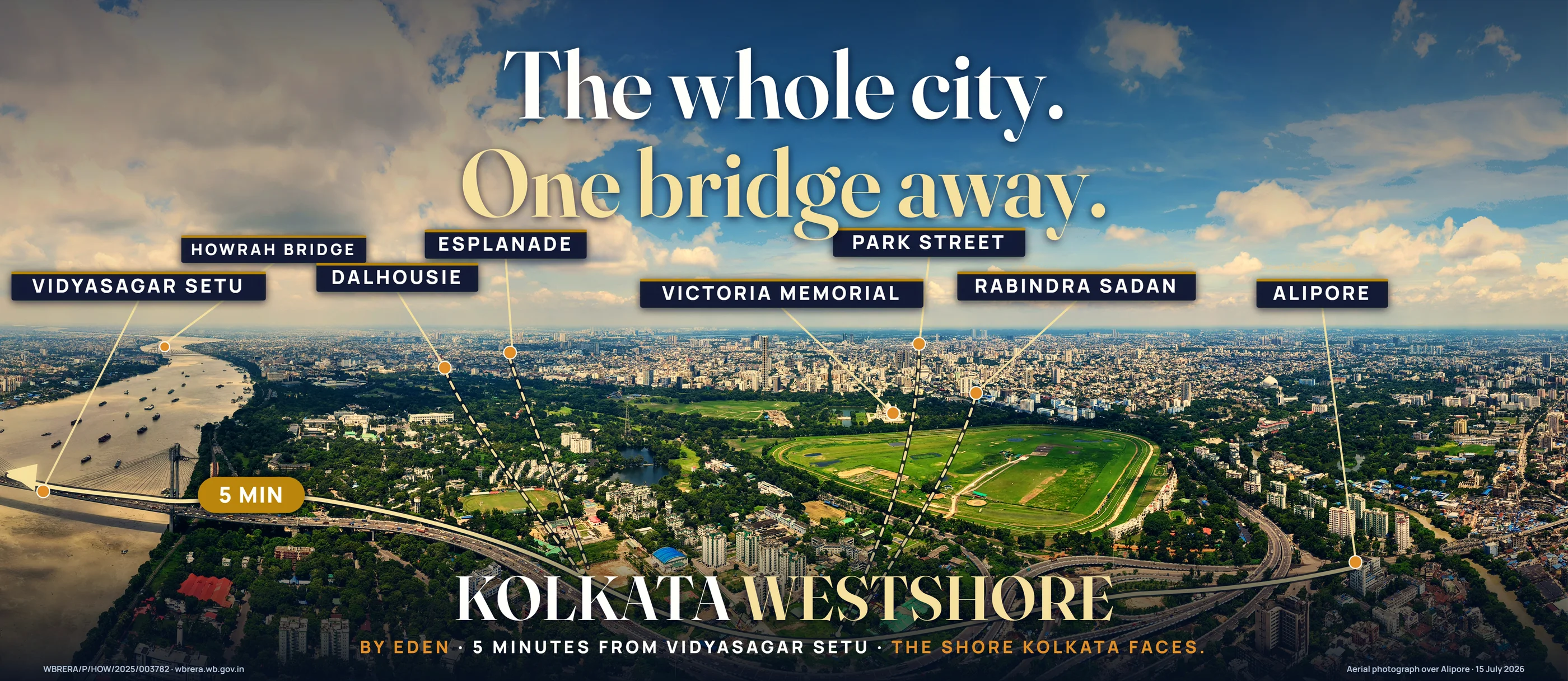 The whole city, one bridge away — aerial over Alipore marking Vidyasagar Setu, Howrah Bridge, Dalhousie, Esplanade, Victoria Memorial, Park Street, Rabindra Sadan and Alipore