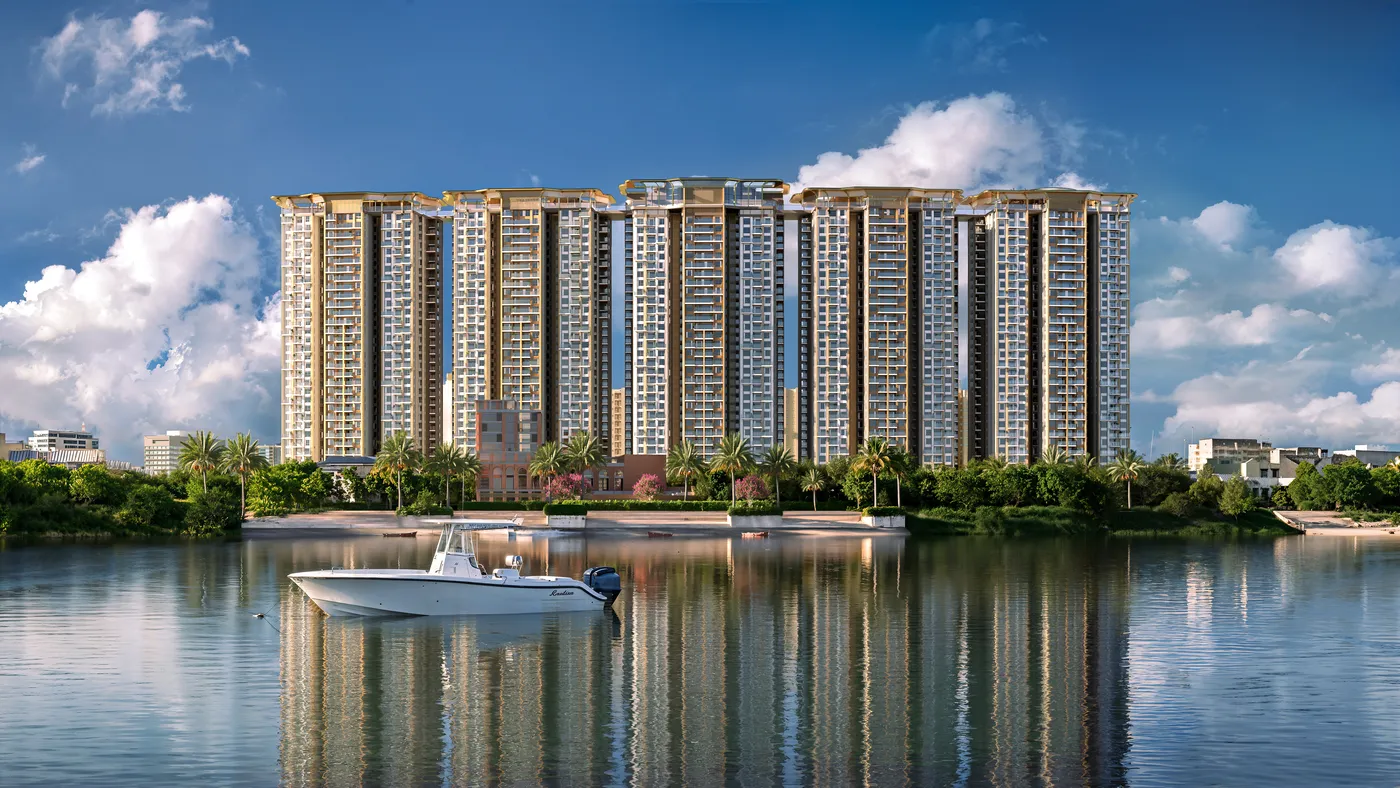 Eden Devprayag — the arc-formation residences over the river (project render)