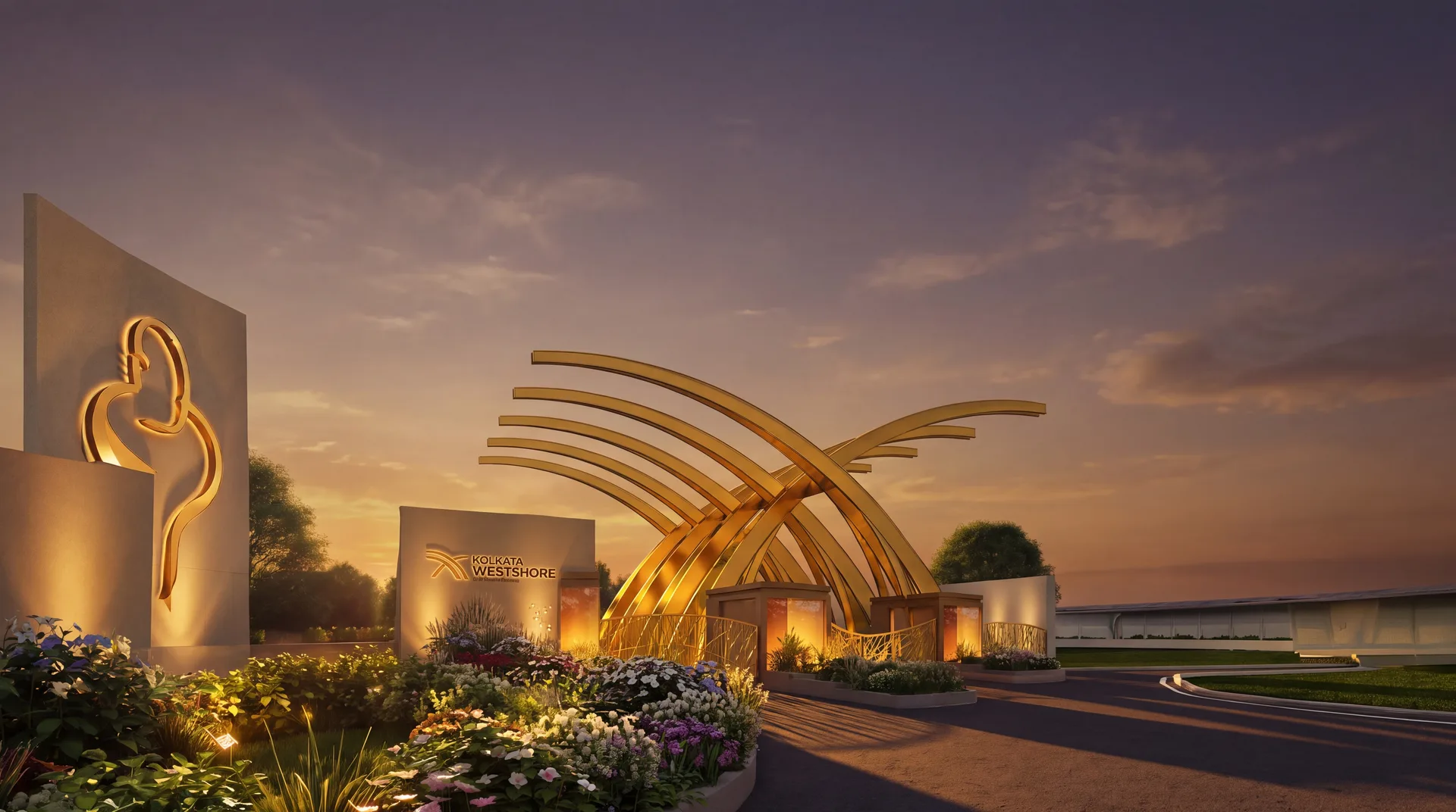 The Kolkata Westshore district gate at Shalimar — golden crossing arcs at dusk, built and standing
