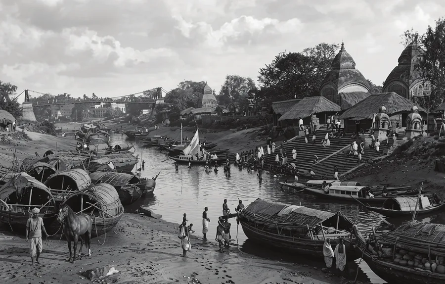 Country boats moored at the Hooghly ghats, nineteenth century