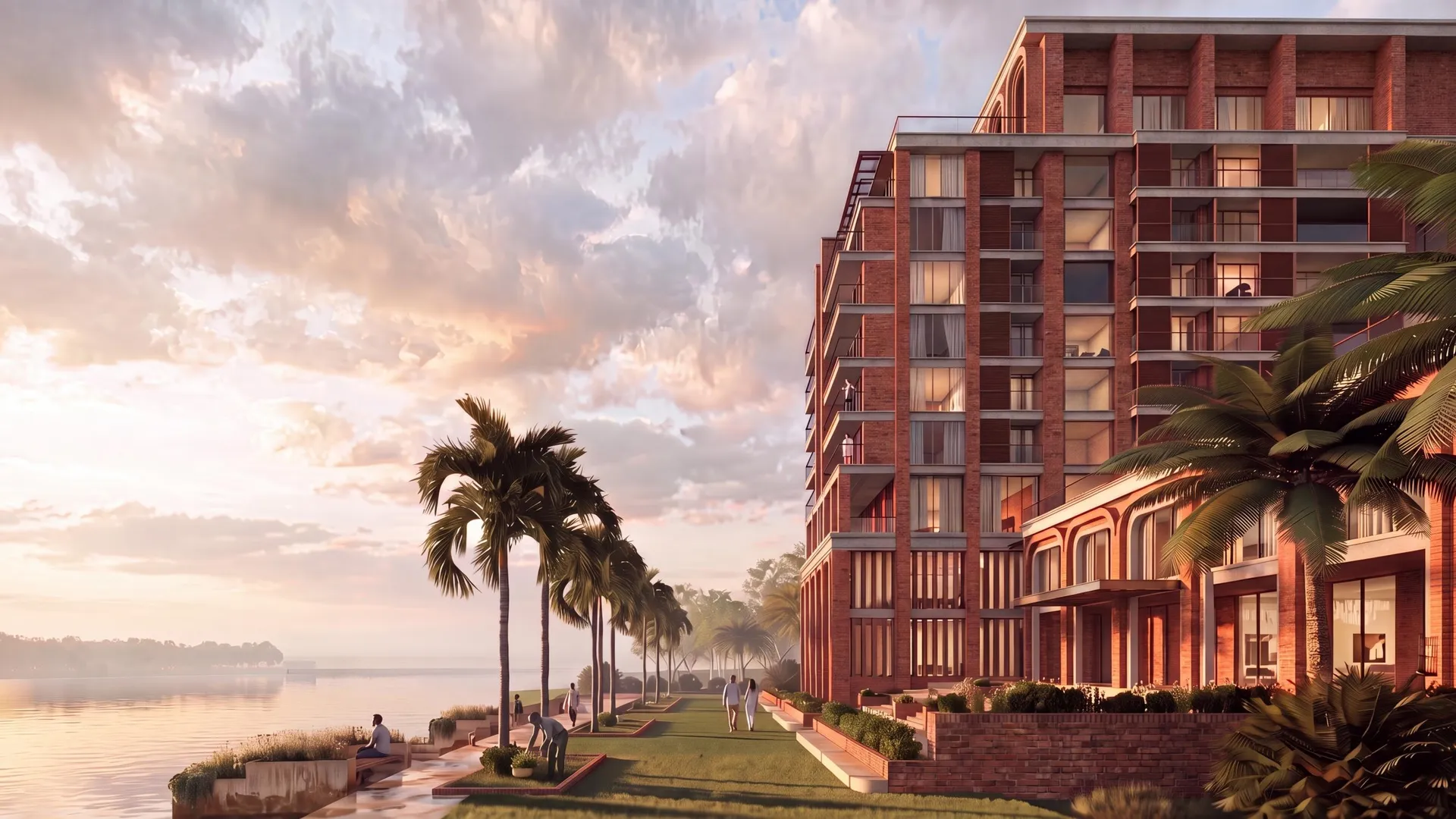 Hospitality design direction — a riverside hotel above the palm promenade at dusk (indicative visualisation)