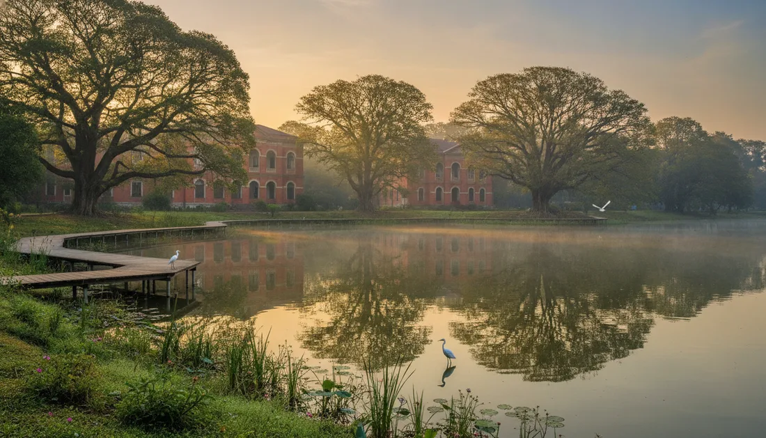 A heritage campus lake at dawn with red-brick buildings and a nature boardwalk — visualisation