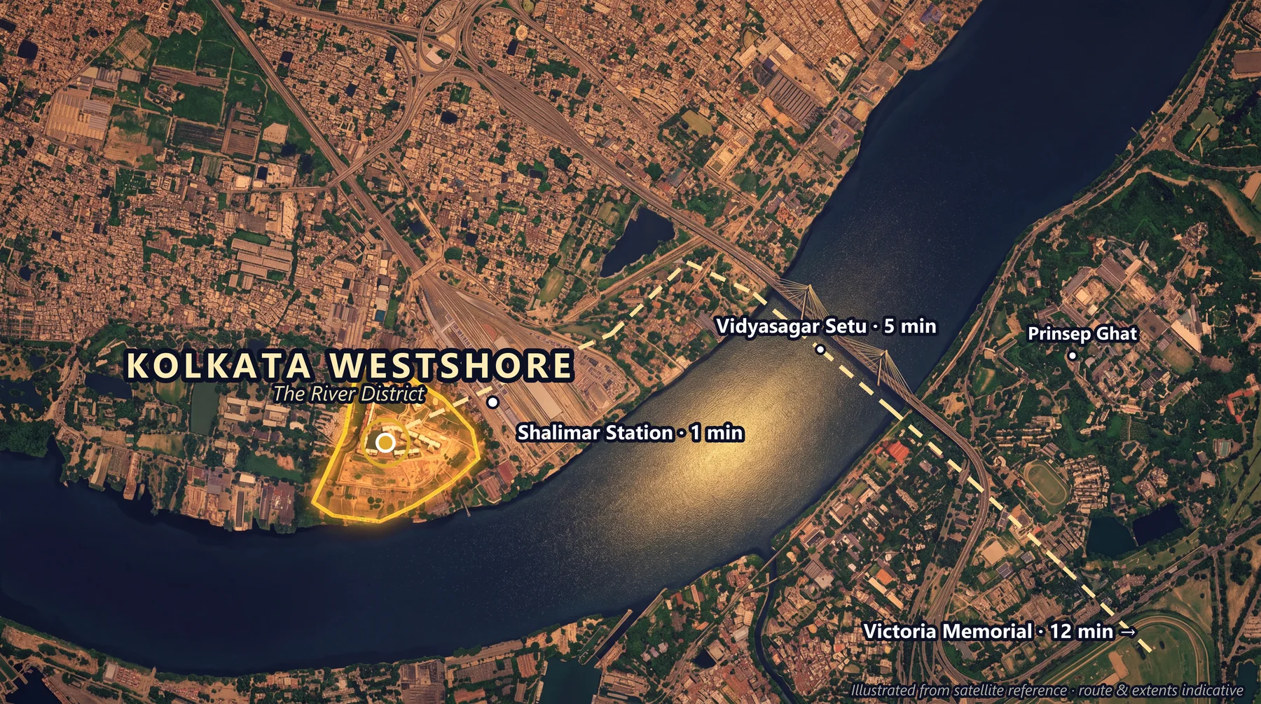 Satellite location map — Kolkata Westshore at Shalimar with the route over Vidyasagar Setu: Shalimar Station 1 min, the Setu 5 min, Victoria Memorial 12 min