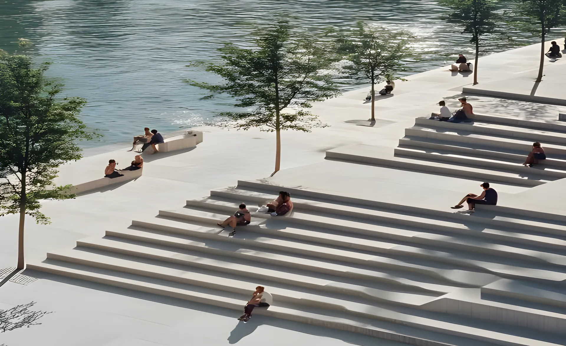 Hospitality design direction — stepped river terraces at the water's edge (indicative visualisation)