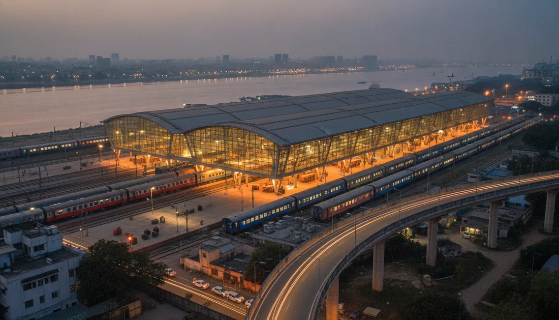 Concept visualisation of a modernised Shalimar terminal with a new road over-bridge at dusk