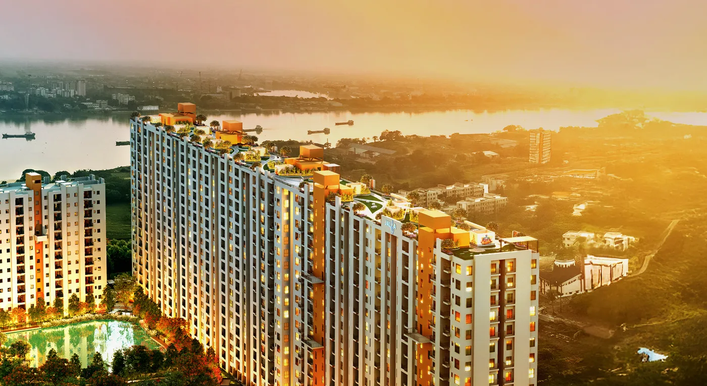 Solaris Shalimar — the Jalsa towers over the Hooghly at golden hour (project render)