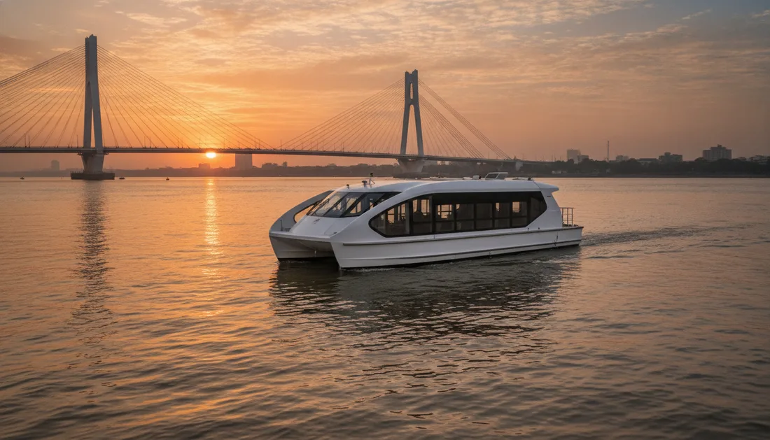A modern electric water-metro catamaran on the Hooghly before a cable-stayed bridge at dusk — visualisation